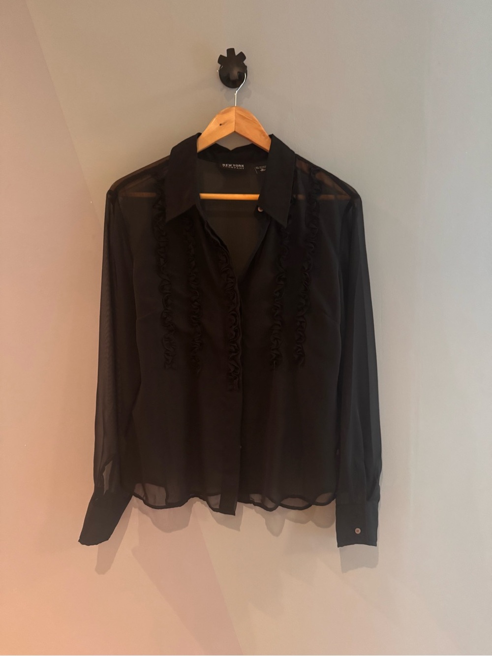 New York & Company Black Sheer Ruffle-Trim Button Down Blouse